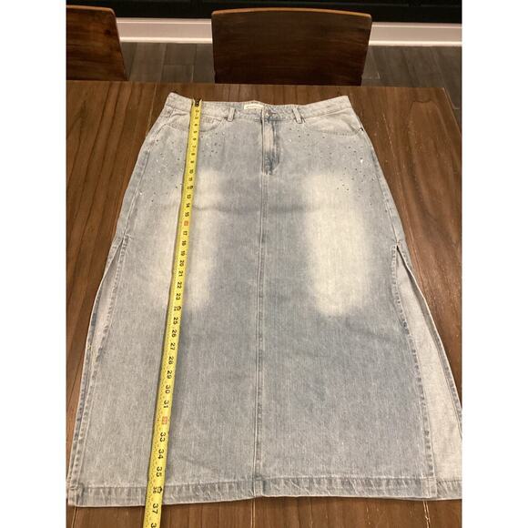 Rebecca Minkoff rhinestone embroidered High Side Slit Midi Denim Skirt Cotton 16 - Picture 3 of 9